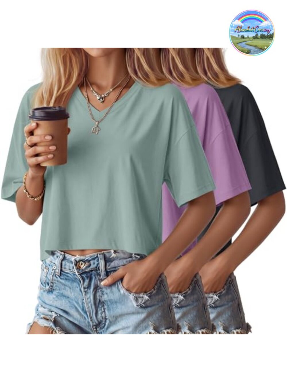 3 Pack Women's V-Neck Crop Tops Cotton Blend Boxy Tees